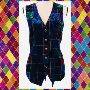 Vintage 90s Impressions Harlequin Baroque Multicolor  Gold Check Velvet Vest S
